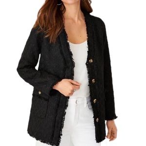 Ann Taylor Petite Fringe Tweed Cardigan Jacket in Black